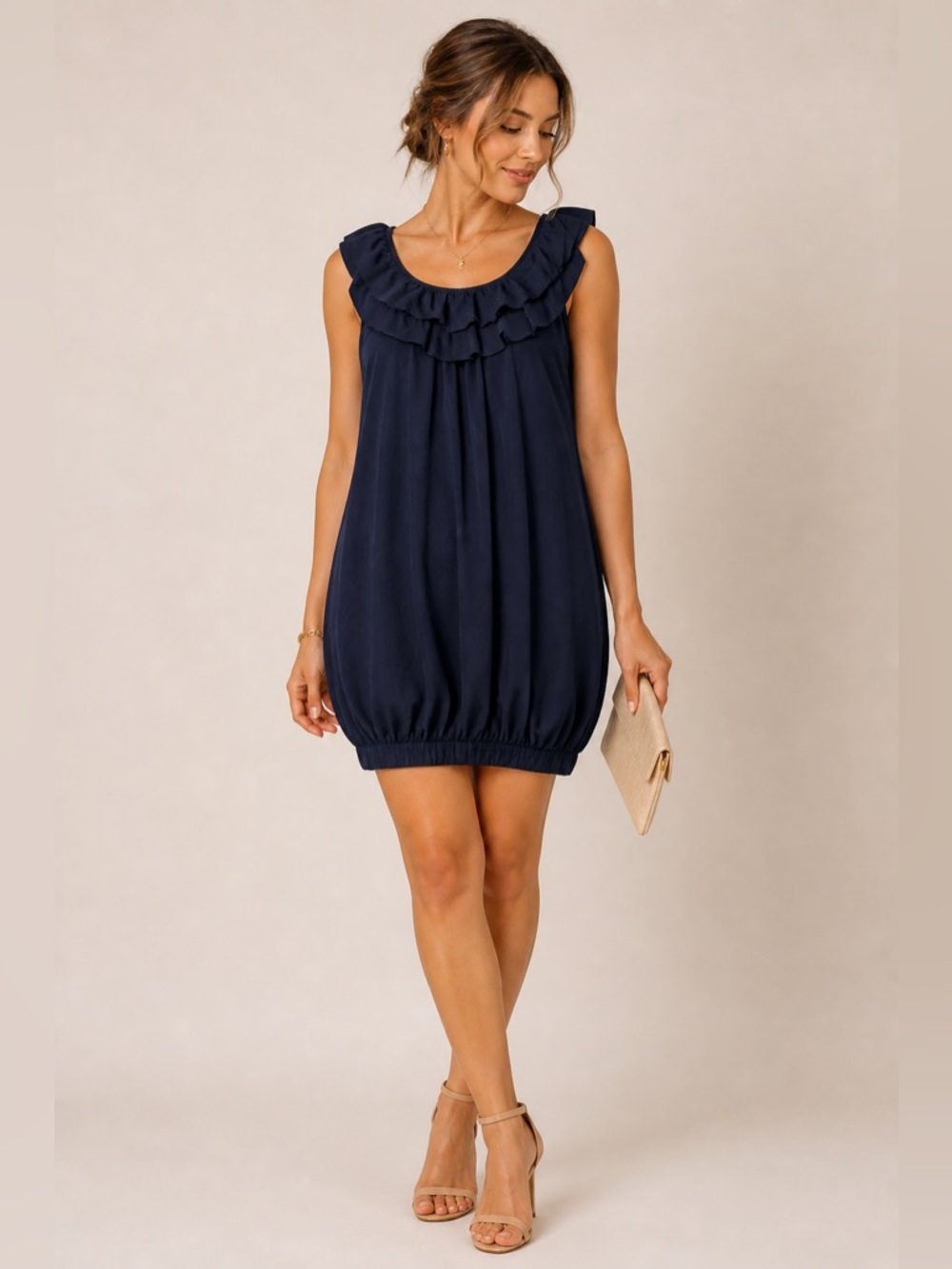 Navy Bubble Hem Mini Dress Ruffle Neck Resort Cocktail Chic Small
